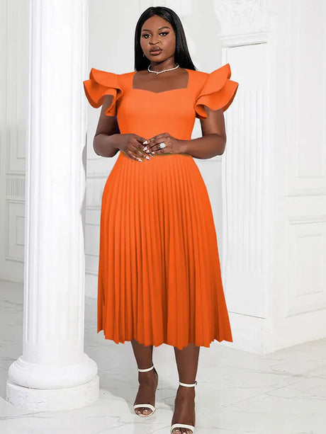 AOMEI Square Collar Ruffle Pleated Party Dresses Orange / S