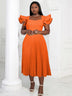 AOMEI Square Collar Ruffle Pleated Party Dresses Orange / S