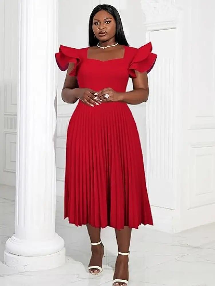 AOMEI Square Collar Ruffle Pleated Party Dresses Red / S
