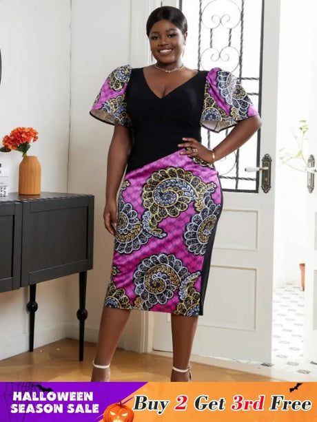 AOMEI V Neck Patchwork African Printed Midi Dresses