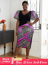 AOMEI V Neck Patchwork African Printed Midi Dresses
