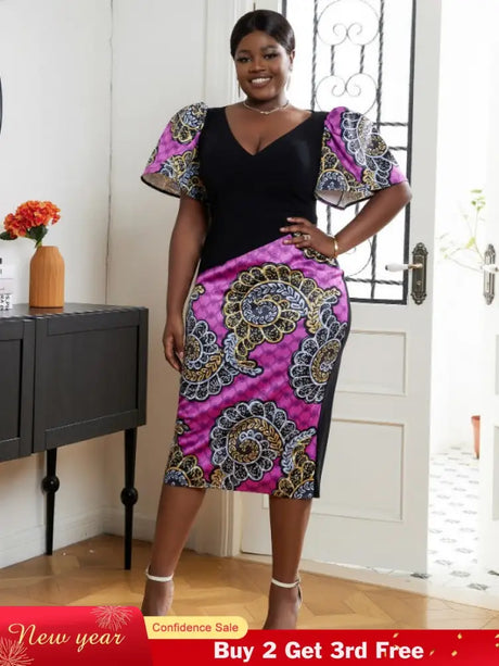 AOMEI V Neck Patchwork African Printed Midi Dresses