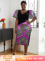 AOMEI V Neck Patchwork African Printed Midi Dresses