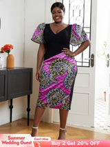 AOMEI V Neck Patchwork African Printed Midi Dresses