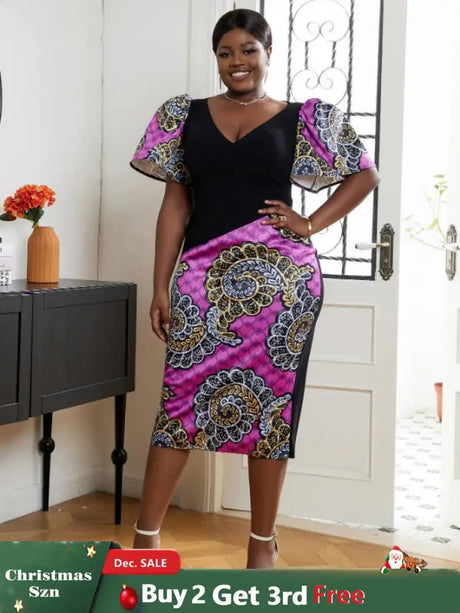 AOMEI V Neck Patchwork African Printed Midi Dresses