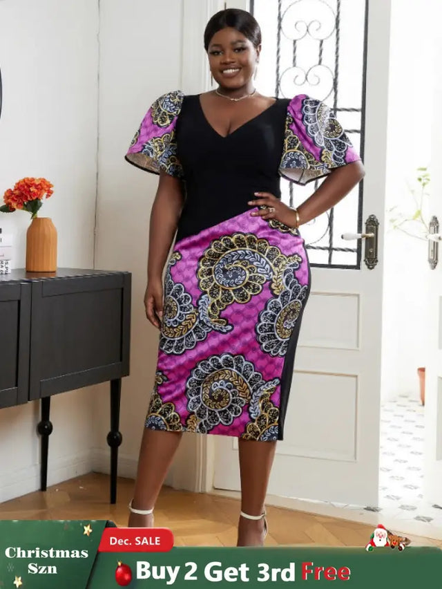 AOMEI V Neck Patchwork African Printed Midi Dresses