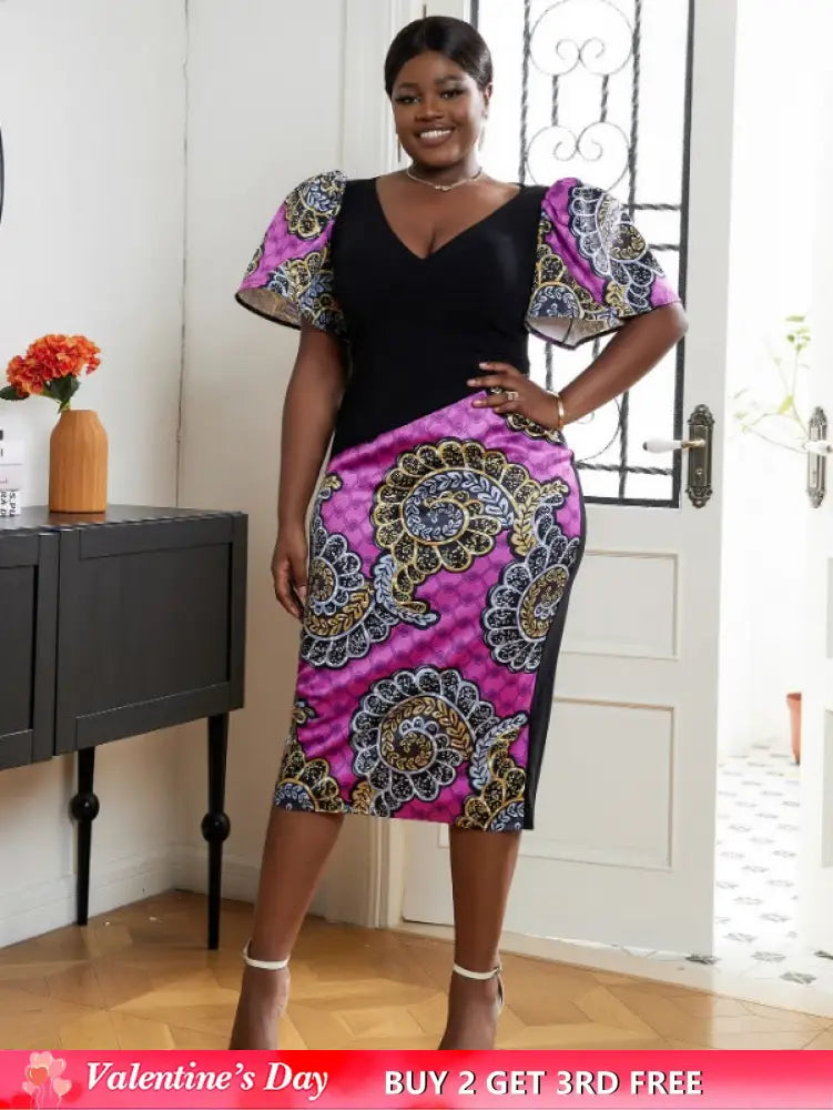 AOMEI V Neck Patchwork African Printed Midi Dresses