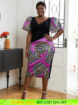 AOMEI V Neck Patchwork African Printed Midi Dresses