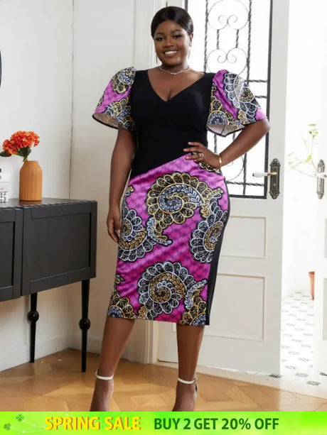 AOMEI V Neck Patchwork African Printed Midi Dresses