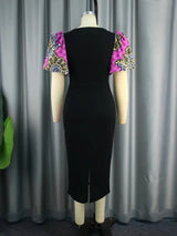 AOMEI V Neck Patchwork African Printed Midi Dresses