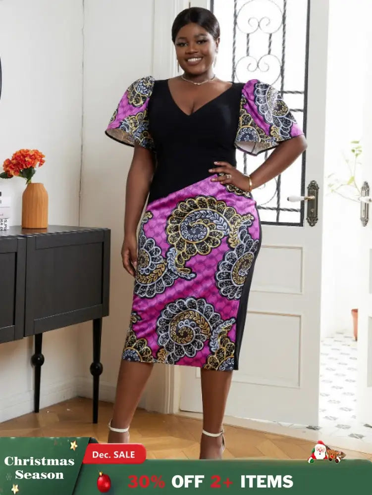 AOMEI V Neck Patchwork African Printed Midi Dresses