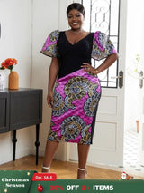 AOMEI V Neck Patchwork African Printed Midi Dresses