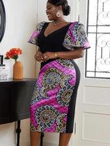 AOMEI V Neck Patchwork African Printed Midi Dresses Black / S
