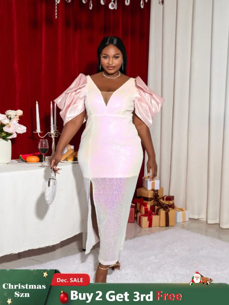 AOMEI V Neck Shiny Bodycon Long Party Dress