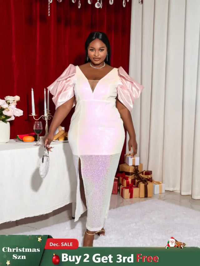 AOMEI V Neck Shiny Bodycon Long Party Dress