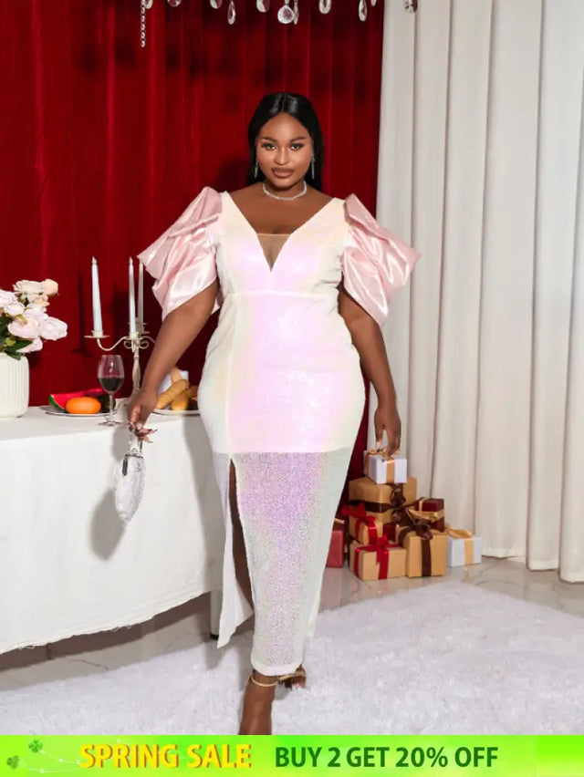 AOMEI V Neck Shiny Bodycon Long Party Dress