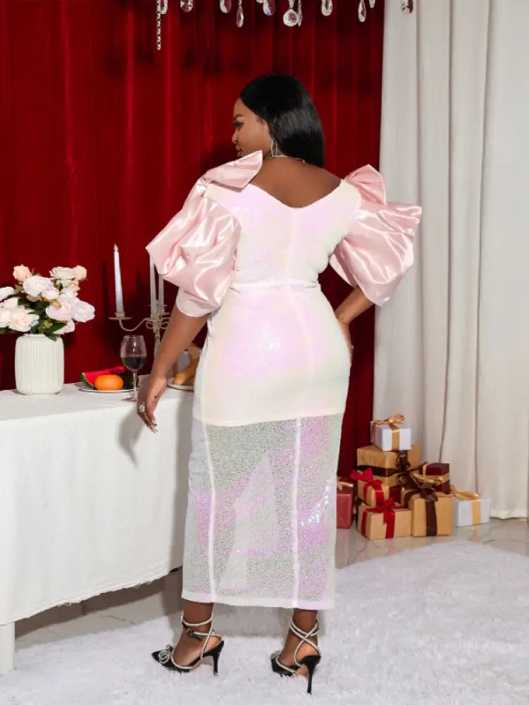 AOMEI V Neck Shiny Bodycon Long Party Dress