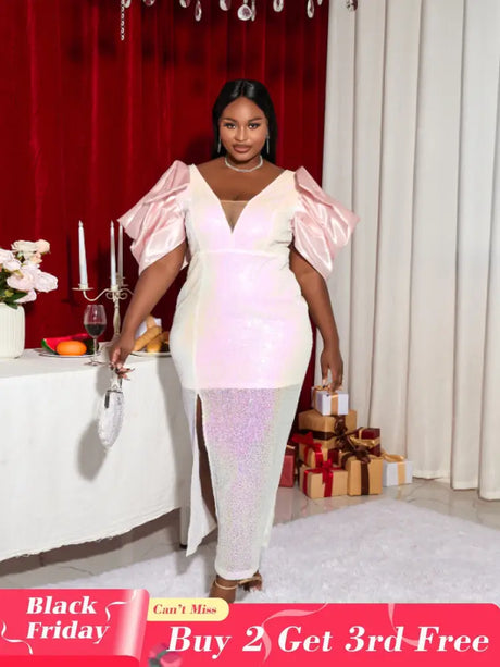 AOMEI V Neck Shiny Bodycon Long Party Dress