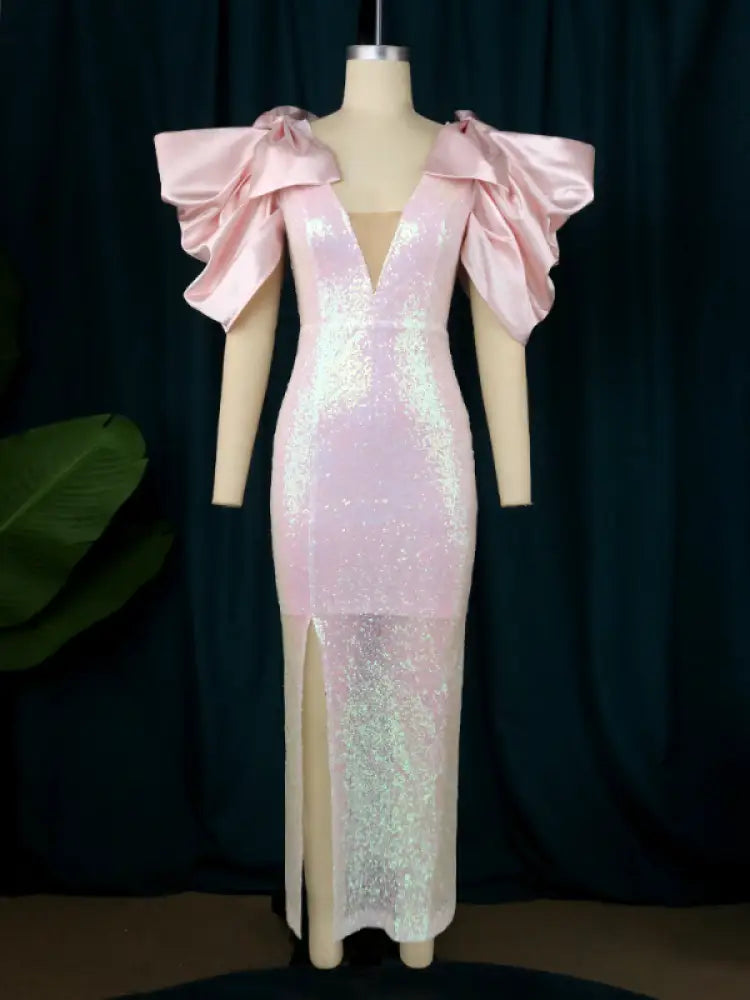 AOMEI V Neck Shiny Bodycon Long Party Dress