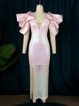 AOMEI V Neck Shiny Bodycon Long Party Dress