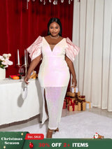 AOMEI V Neck Shiny Bodycon Long Party Dress