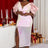 AOMEI V Neck Shiny Bodycon Long Party Dress Pink / S