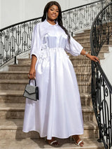 AOMEI White Loose Shirt Dress Maxi Short Lantern Sleeves Waist Elastic Waist Button Turn Down Collar