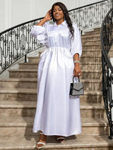 AOMEI White Loose Shirt Dress Maxi Short Lantern Sleeves Waist Elastic Waist Button Turn Down Collar