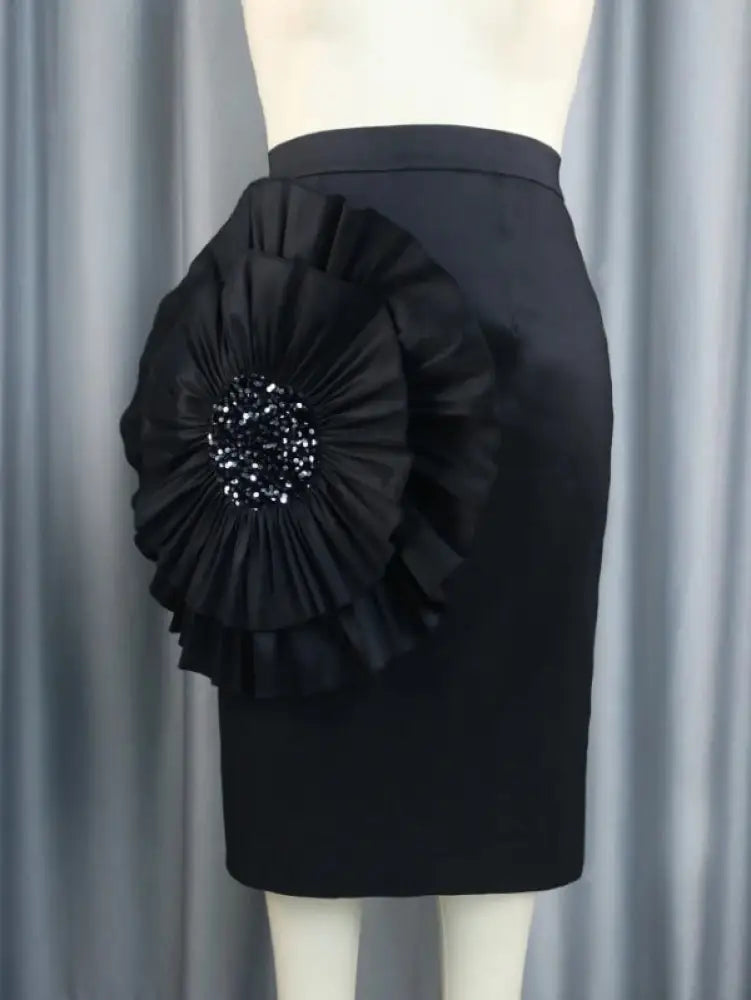 AOMEI Women Black Skirt with Big Flower Sequins