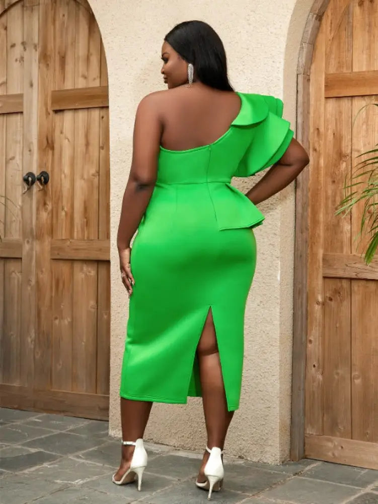 AOMEI Women One Shoulder Long Green Party Dress