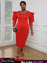 AOMEI Women Red Sheath Ruffle Midi Dress Red / S