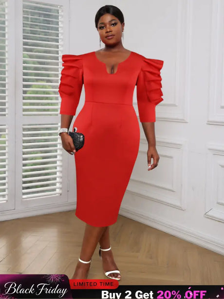 AOMEI Women Red Sheath Ruffle Midi Dress Red / S