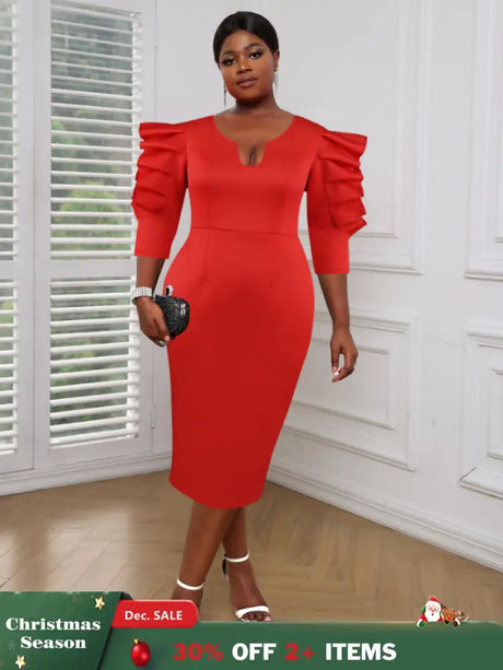 AOMEI Women Red Sheath Ruffle Midi Dress Red / S