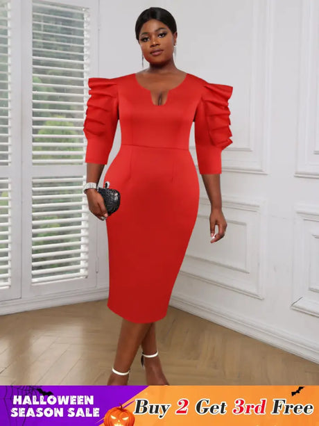 AOMEI Women Red Sheath Ruffle Midi Dress Red / S