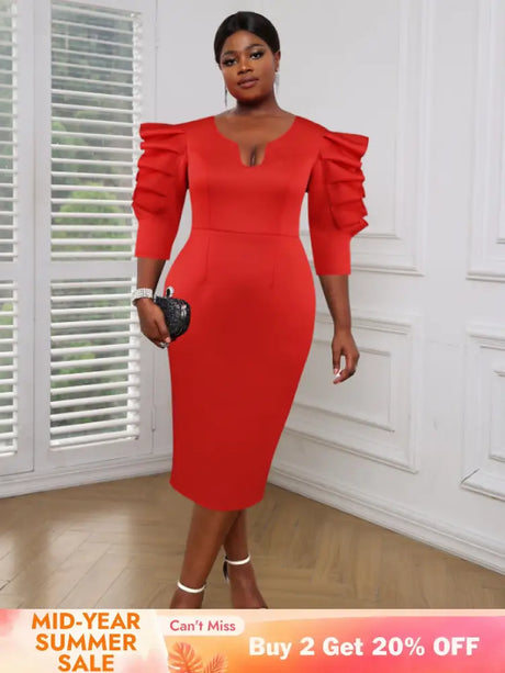 AOMEI Women Red Sheath Ruffle Midi Dress Red / S