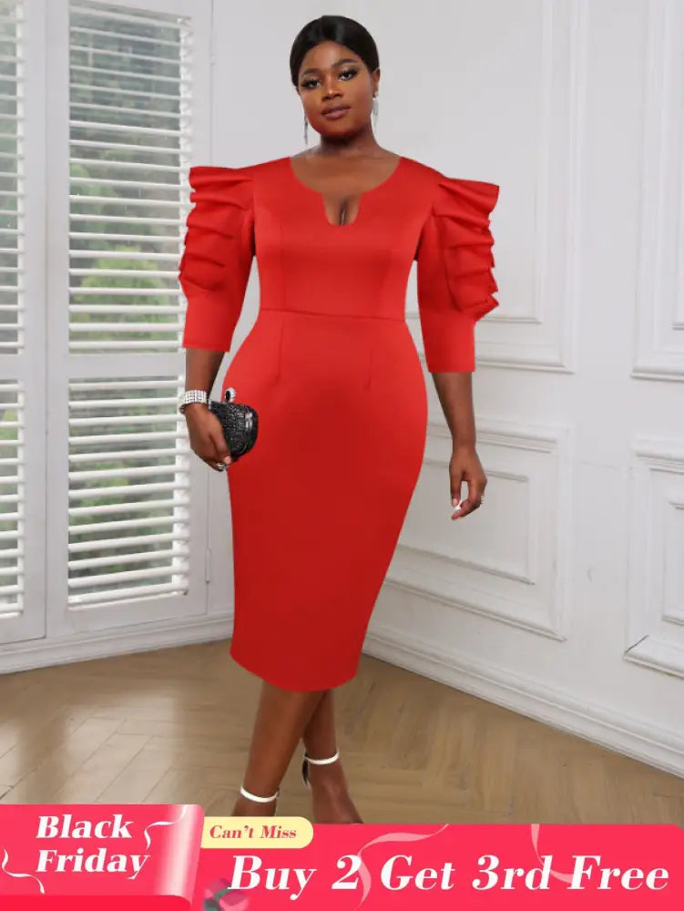 AOMEI Women Red Sheath Ruffle Midi Dress Red / S