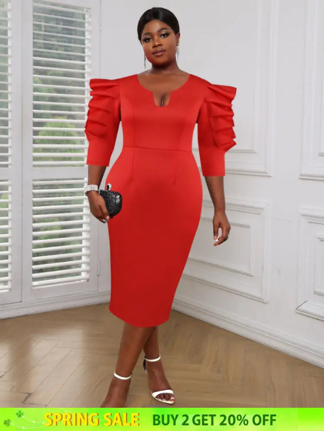 AOMEI Women Red Sheath Ruffle Midi Dress Red / S