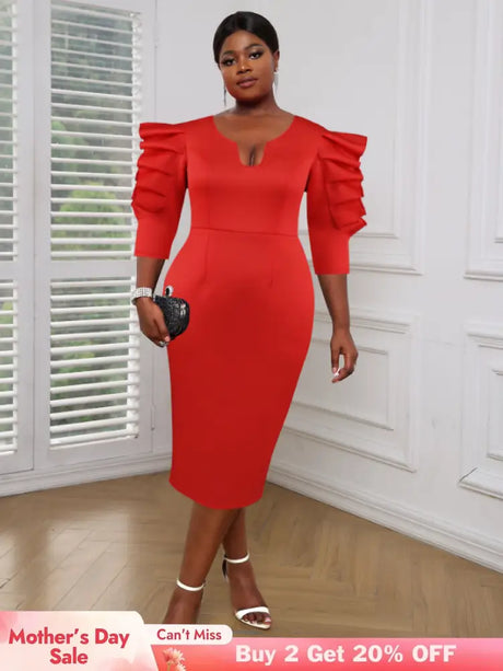 AOMEI Women Red Sheath Ruffle Midi Dress Red / S