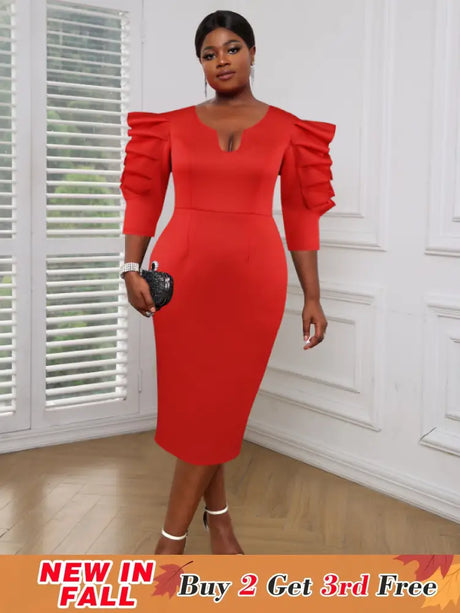 AOMEI Women Red Sheath Ruffle Midi Dress Red / S