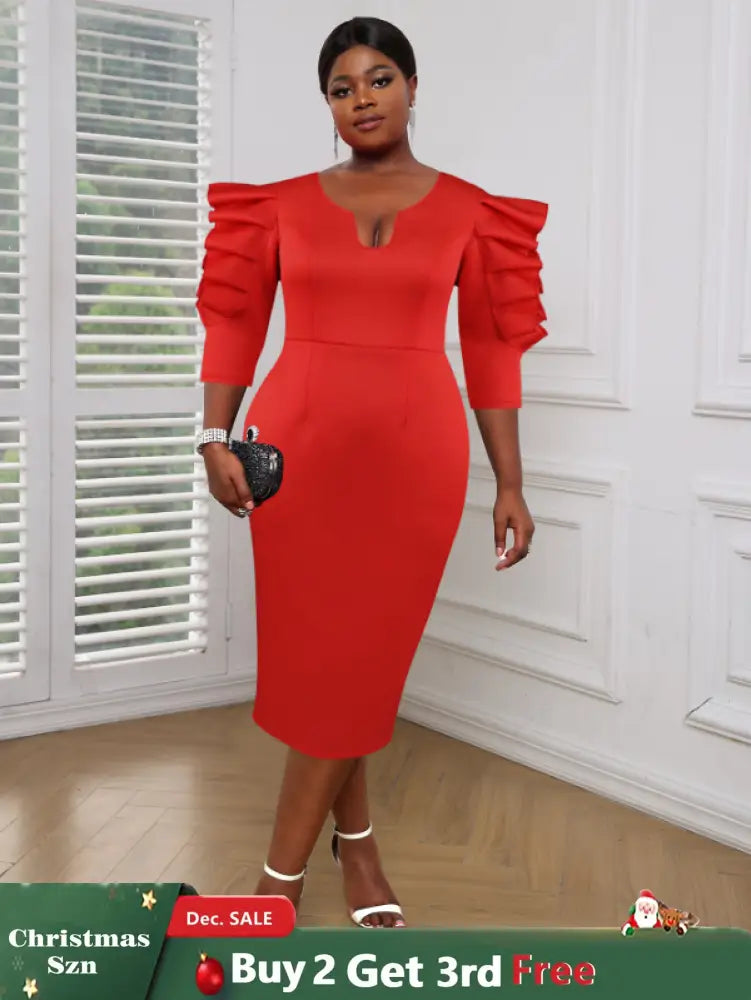 AOMEI Women Red Sheath Ruffle Midi Dress Red / S