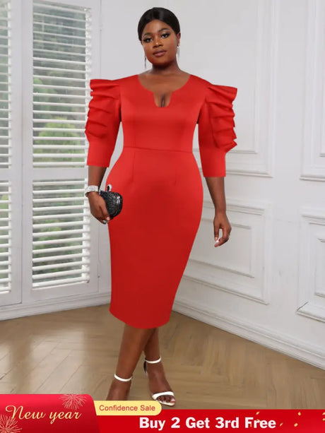 AOMEI Women Red Sheath Ruffle Midi Dress Red / S