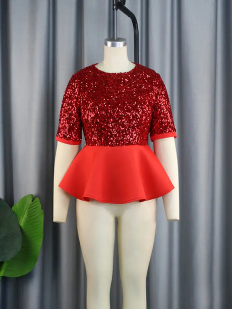 AOMEI Women Short Sleeve Red Sequined Blouses