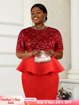 AOMEI Women Short Sleeve Red Sequined Blouses Red / S