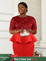 AOMEI Women Short Sleeve Red Sequined Blouses Red / S