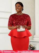 AOMEI Women Short Sleeve Red Sequined Blouses Red / S