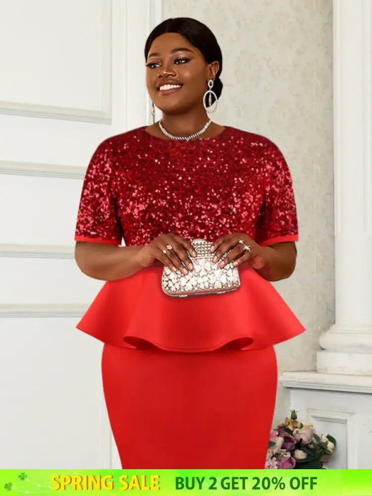 AOMEI Women Short Sleeve Red Sequined Blouses Red / S