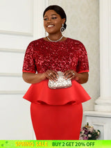 AOMEI Women Short Sleeve Red Sequined Blouses Red / S