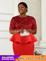 AOMEI Women Short Sleeve Red Sequined Blouses Red / S