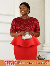 AOMEI Women Short Sleeve Red Sequined Blouses Red / S