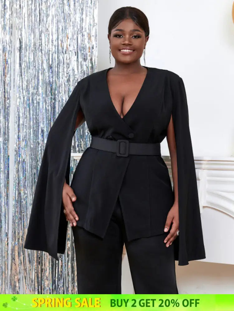 AOMEI Women V Neck Cloak Sleeve Black Blazers with Waist Belt
